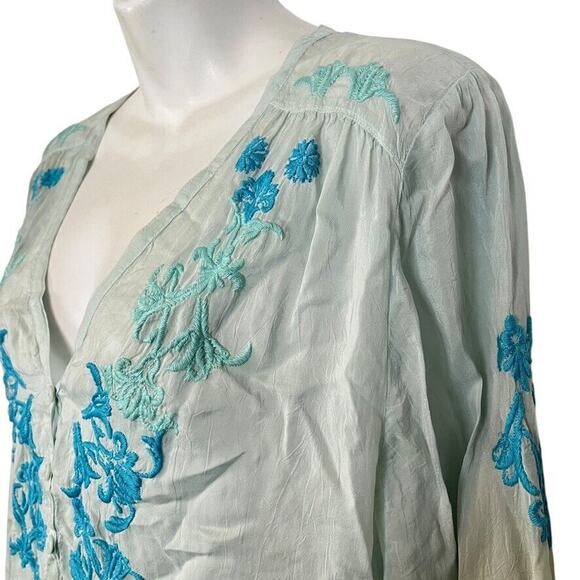 Johnny Was Womens Sheer Blue Floral Embroidered V-Neck Tunic Top Shirt Beachy M - Picture 10 of 16
